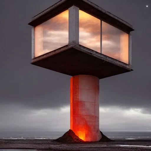 Prompt: an old robust concrete brutalist observation tower from ww 2 with red light coming from inside. the tower stands in a icelandic beach, black sand beach, blue hour, cloudy day, filip hodas, jakub rozalski, digital art, ( ( ( ( ( matte painting ) ) ) ) ), award winning, trending on artstation, cinematic