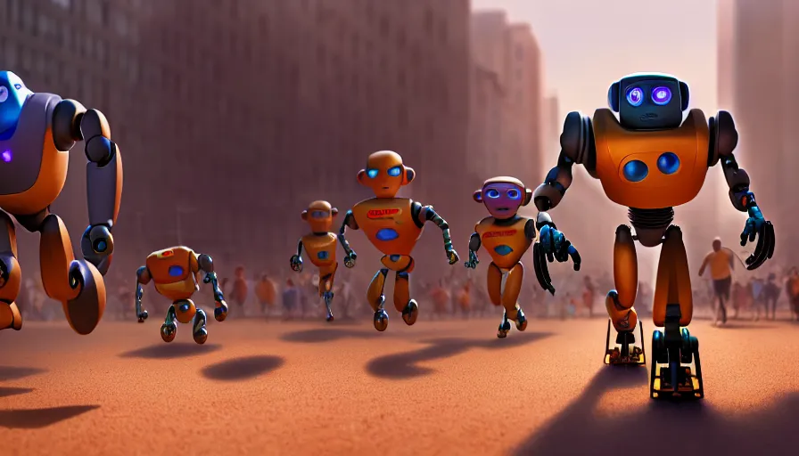 Prompt: running robots in a marathon, pixar and greg hildebrandt, realism, extreme detail, octane render, artstation