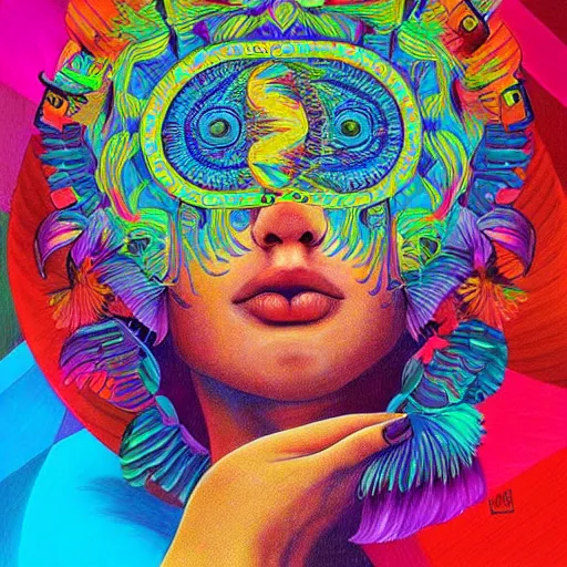 Prompt: “colorful depictions of beautiful visions by Pablo Amaringo, detailed visionary art”