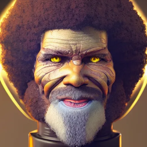 Image similar to bob ross cyborg. one eye covered with a robotic painting palette, art by artgerm and greg rutkowski and alphonse mucha, concept art, octane render, unreal engine 5, highly detailed, high quality, 8 k, soft lighting, realistic face, path traced