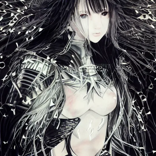 Image similar to yoshitaka amano blurred and dreamy illustration of an anime girl with black eyes, wavy white hair and cracks on her face wearing spiky elden ring armour with the cape fluttering in the wind, abstract black and white patterns on the background, noisy film grain effect, highly detailed, renaissance oil painting, weird portrait angle