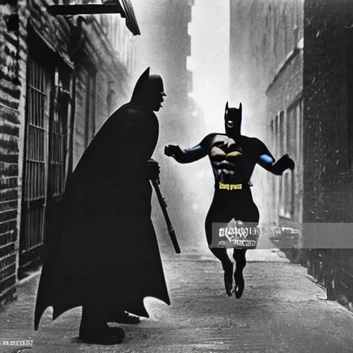 Image similar to old black and white photo, 1 9 2 5, depicting batman fighting a gangster in an alley of new york city, tommy gun, rule of thirds, historical record