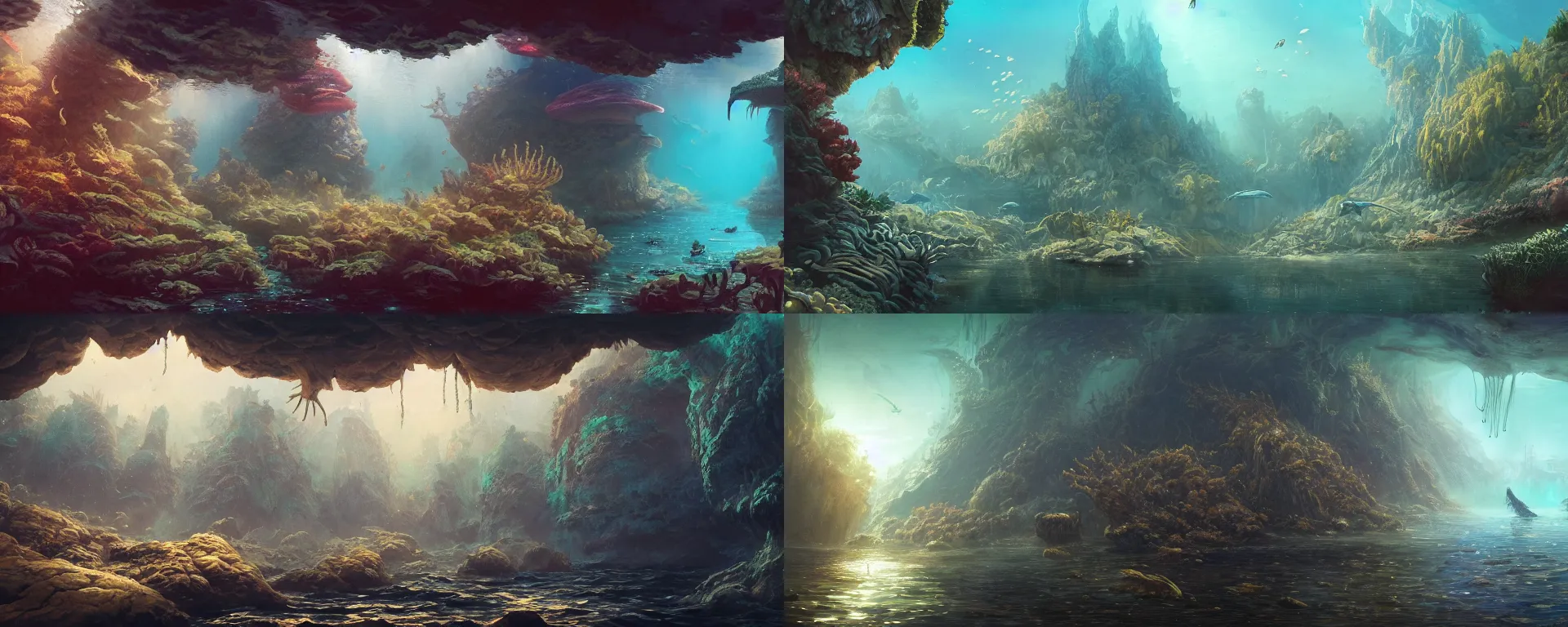 Prompt: a beautiful detailed matte painting of underwater creature museum landscape by aertsen pieter, by alena aenami, by alejandro burdisio, by greg tocchini, by james gilleard, renaissance, dynamic lighting, bioluminescence, cinematic, vibrant, clean, ultra detailed, sharp, digital detailed environment, octane render, cgsociety, 8 k hdr, artstation