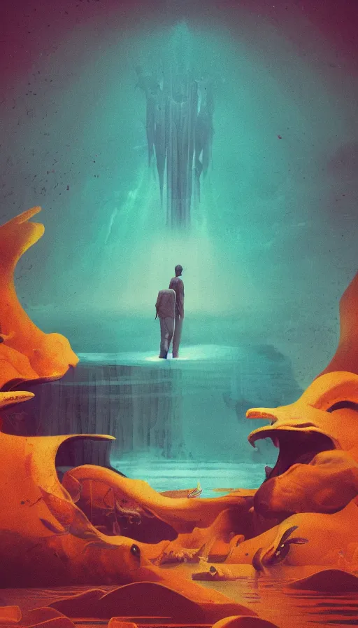 Prompt: man on boat crossing a body of water in hell with creatures in the water, sea of souls, by beeple