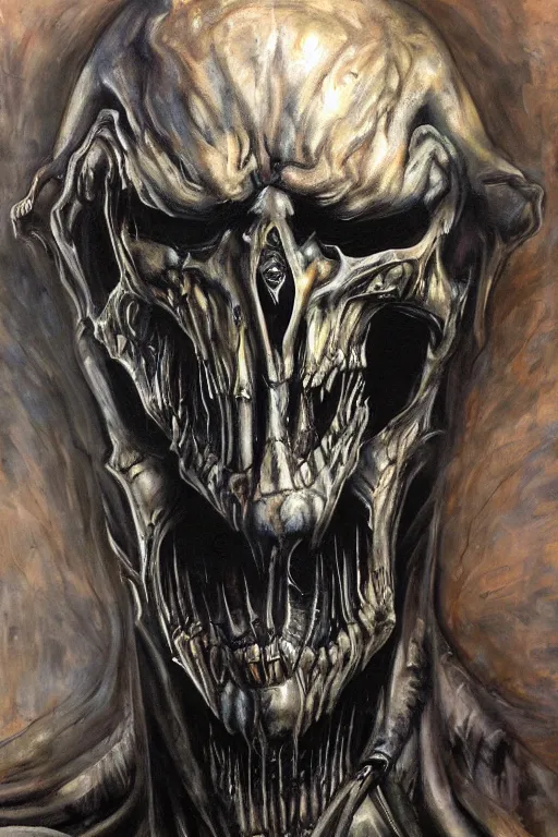 Prompt: ryan bittner and giger painting of a titan