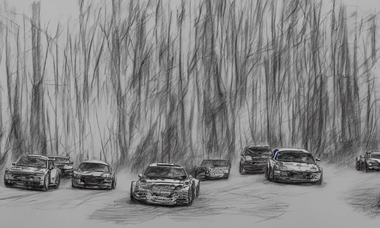 Image similar to 3 rally cars racing through a forest with a river behind them, sun shining through the trees, pencil sketch,