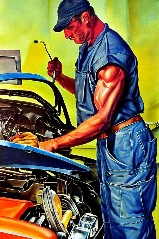 Image similar to muscular mechanic fixing a car engine painting by arnold armitage, cool colors,