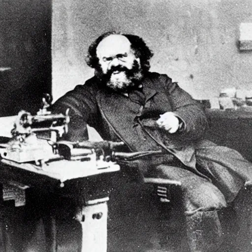 Image similar to Karl Marx smiling, working in sweatshop, happy, photograph