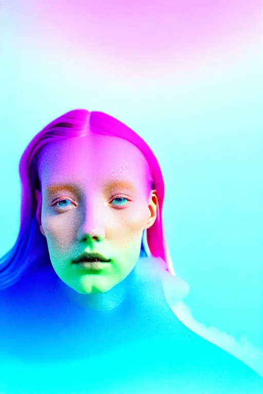 Image similar to high quality pastel coloured film close up wide angle photograph of a model wearing clothing swimming on cloud furniture in a icelandic black rock!! environment in a partially haze filled dreamstate world. three point light, rainbow. photographic production. art directed. pastel colours. volumetric clouds. pastel gradient overlay. waves glitch artefacts. extreme facial clarity. 8 k. filmic.