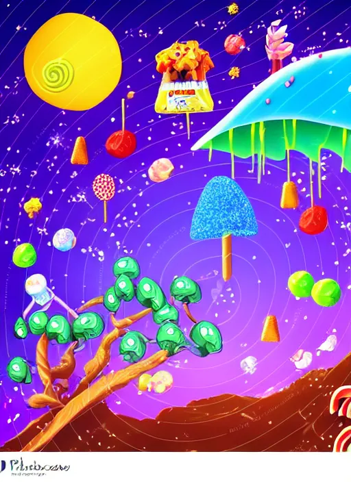 Image similar to candy planet cartoon poster with fantasy alien trees and sweets. magic unusual nature landscape for computer game, fairy tale cosmic background with beautiful strange plants