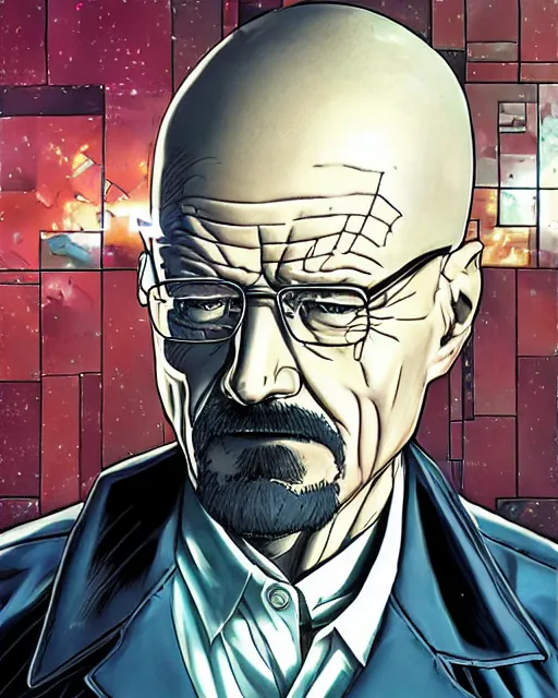 Image similar to portrait of walter white as a robot, cybernetic enhancements, art by makoto shinkai and alan bean, yukito kishiro