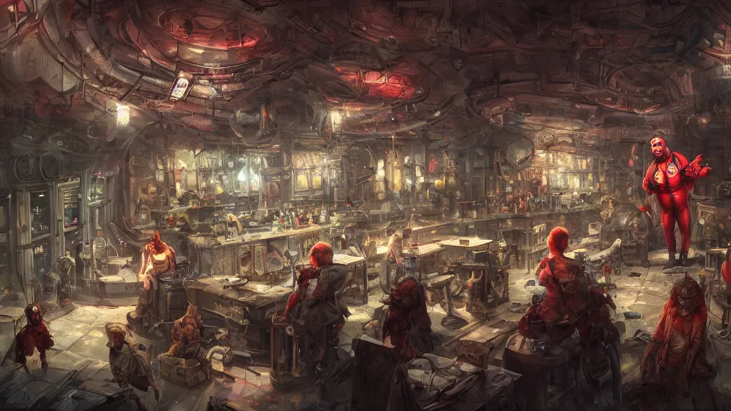 Image similar to a bar located in a bustling space station, blood on the floor and people rushing down the hallways, a red alert blares, a clown is in the center of the bar causing trouble, fantasy, marc simonetti, anato finnstark, randy vargas, diego gisbert llorens, bayard wu, fantasy concept art, trending on artstation, 4k,