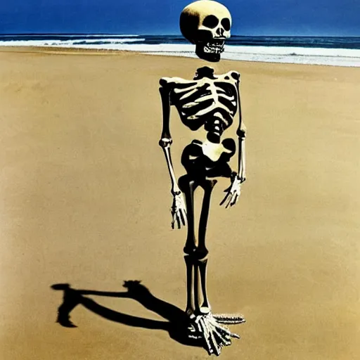 Image similar to a skeleton standing on a beach next to the ocean, a surrealist painting by Storm Thorgerson, featured on cg society, nuclear art, surrealist, apocalypse landscape, chillwave