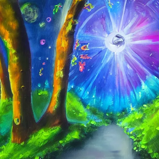 Image similar to secret hidden path in the forest leading to a doorway to outerspace, prismatic weather, flowers, expressive oil painting