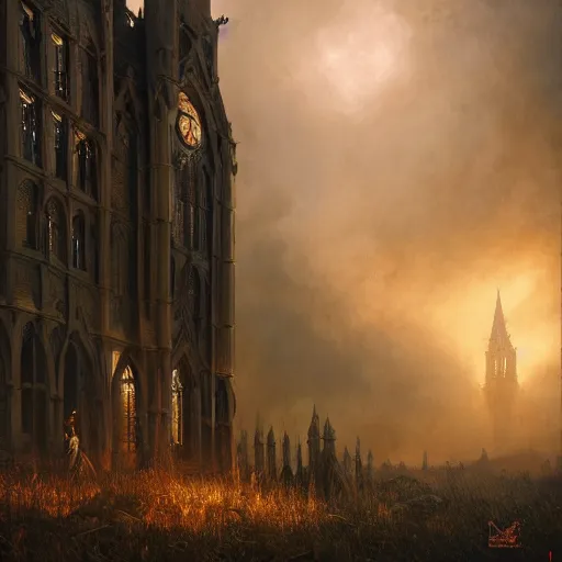 Image similar to demonic gothic victorian scenery in the style of michael whelan and stefan koidl. hyperdetailed photorealism by greg rutkowski, 1 0 8 megapixels, cinematic lighting