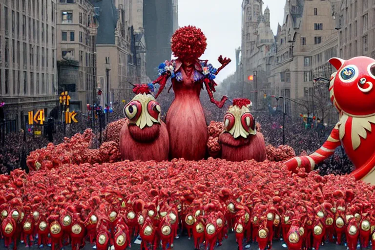 Image similar to photo of giant beautiful elaborate parade float character designed by ( ( ( ( ( ( ( ( giger ) ) ) ) ) ) ) ) and wes anderson!!!!!!!!!!!!!!, in the macys parade, detailed 4 k photo,