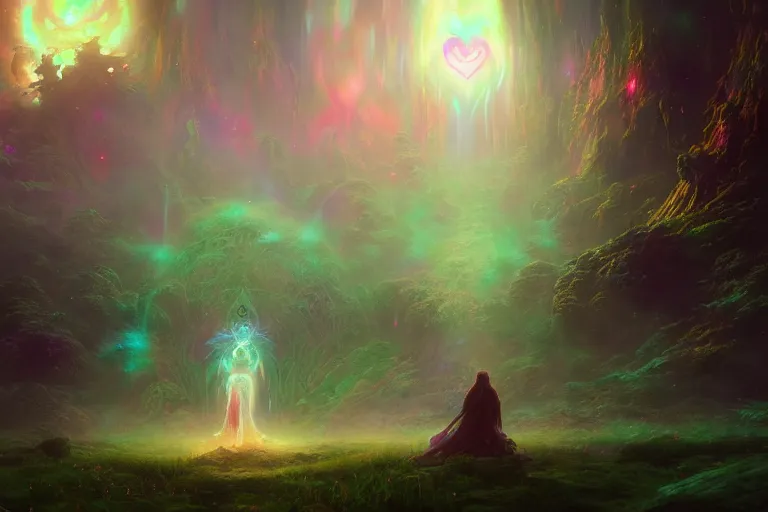 Prompt: a psychedelic realm hidden away in a pocket of ethereal understanding, astral beings sharing love, in the style of greg rutkowski, and wlop, and lisa frank, and bob ross, and ruan jia, illustration, epic, fantasy, hyper detailed, smooth, unreal engine, sharp focus, ray tracing