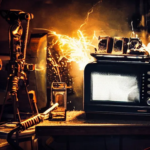 Image similar to cyborg with toaster oven for torso, dark messy smoke - filled cluttered workshop, dark, dramatic lighting, orange tint, sparks, cinematic, highly detailed, sci - fi, futuristic, movie still