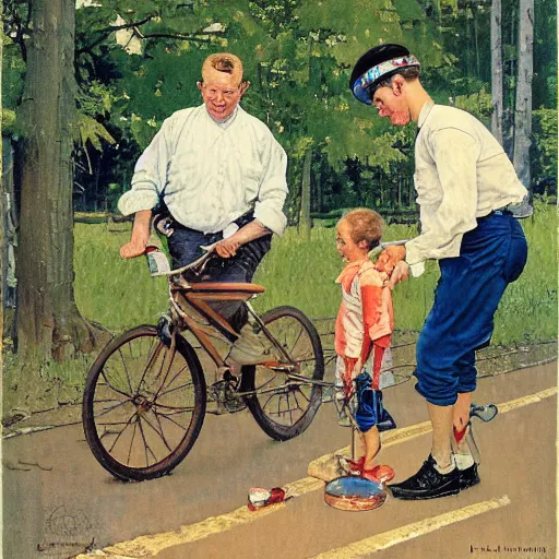 Image similar to A painting in the style of Norman Rockwell of a boy trying to learn to ride a bike. His father is holding the bike to help. The road is lined with tall trees, A farm can be seen in the background. A dog is close by