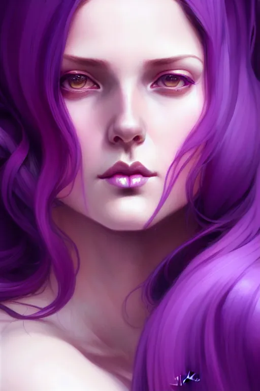 Image similar to Purple hair, creative colouring Portrait of woman, fashion, intricate, elegant, highly detailed, digital painting, artstation, concept art, smooth, sharp focus, illustration, art by artgerm and greg rutkowski and alphonse mucha