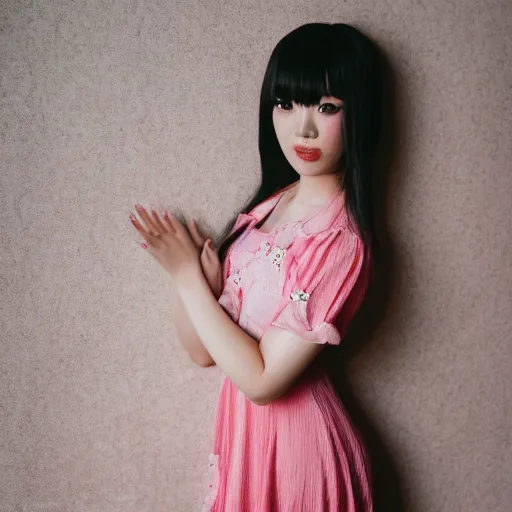 Prompt: Photo of Nikki from Shining Nikki, a cute thin petite Chinese young woman with pink long hair with bangs, heart-shaped face, porcelain skin tone, wearing a cute sundress, professional photography, Portra 400