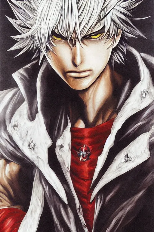 Prompt: Dante from Devil May Cry portrait Yusuke Murata and Takeshi Obata, fighting pose,inspired by Death Note 2003 manga,intricate detail, photorealistic style, intricate detailed oil painting, detailed illustration, oil painting, painterly feeling, sharp high detail,sharp high detail face