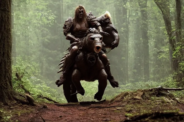 Image similar to vfx movie closeup detailed ancient armored warrior orc hunting riding large bear in the forest, natural lighting by emmanuel lubezki