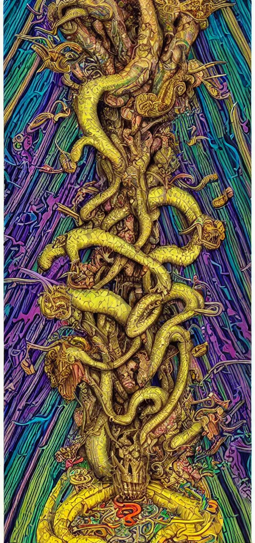 Prompt: angelic dragons and mutant falcons dissolving into melted liquid braids, cubensis, aztec, basil wolverton, r crumb, hr giger, mc escher, dali, muted but vibrant colors, rainbow tubing, exposed gold wires, graffiti