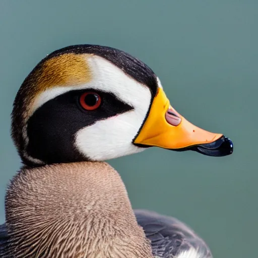 Prompt: A high detail closeup shot of a duck wearing a suit