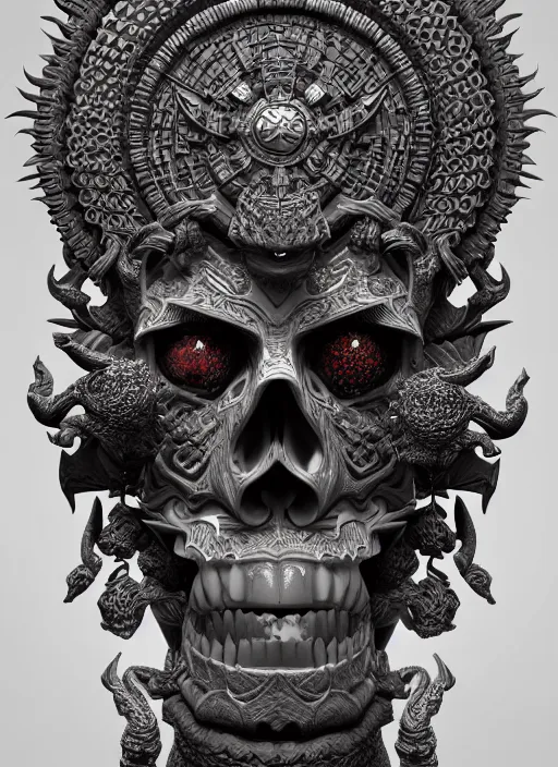 Image similar to 3 d ornate carved shaman with tattoos profile portrait, sigma 5 0 0 mm f / 5. beautiful intricate highly detailed quetzalcoatl skull. bioluminescent, plasma, lava, ice, water, wind, creature, thunderstorm! artwork by tooth wu and wlop and beeple and greg rutkowski, 8 k trending on artstation