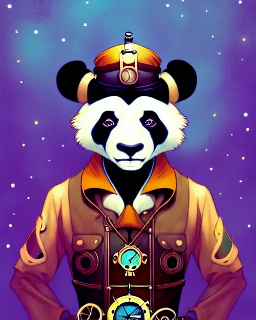 Image similar to don bluth, loish, artgerm, joshua middleton, steampunk, clockpunk anthropomorphic panda, full sailor suit, symmetrical eyes symmetrical face, colorful animation forest background