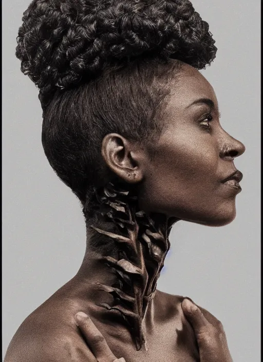 Image similar to a beautiful black woman's face in profile made of leaf and flower skeleton, in the style of the dutch masters and gregory crewdson, dark and moody, 8 k, matte