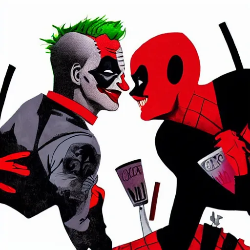 Image similar to action movie poster for the joker and deadpool eating at a fancy restaurant