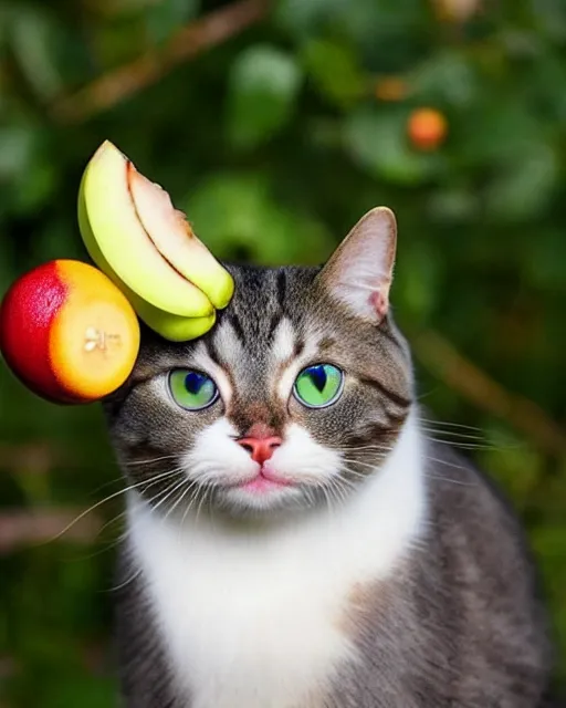 Prompt: a stunningly beautiful cat princess with googly eyes wearing fruit