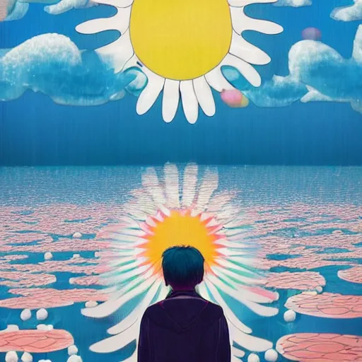 Image similar to a man walking on clouds away from the camera above a lake by takashi murakami, beeple and james jean, aya takano color style, 4 k, super detailed, modern, 4 k, symmetrical