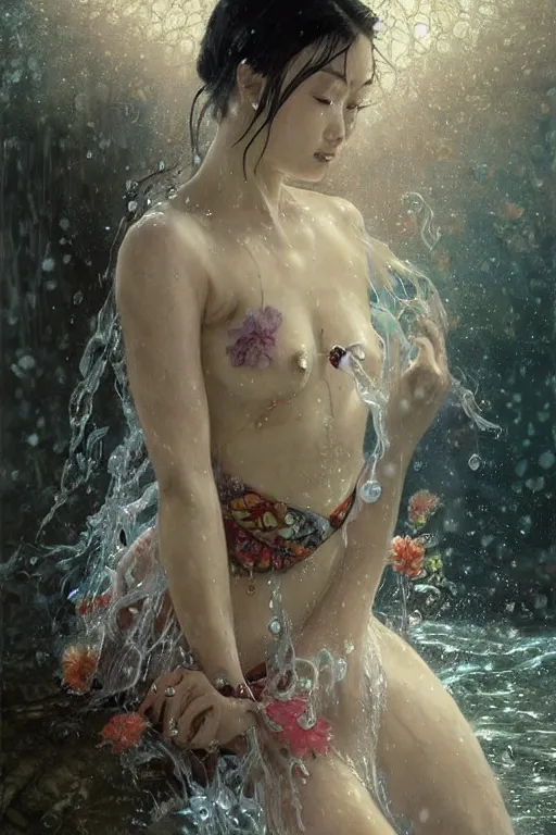 Prompt: portrait of a beautiful woman wearing a kimono, silver hair, drenched body, wet dripping hair, emerging from the water, fantasy, regal, fractal crystal, fractal stone gems, by stanley artgerm lau, greg rutkowski, thomas kindkade, alphonse mucha, loish, norman rockwell