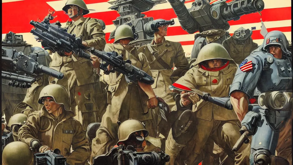 Image similar to America and Japan fight WWII with mechs, in the style of Norman Rockwell, sci-fi illustrations, propaganda poster, highly detailed, intricate, photorealistic, award-winning, patriotic, dark, gritty, oil painting
