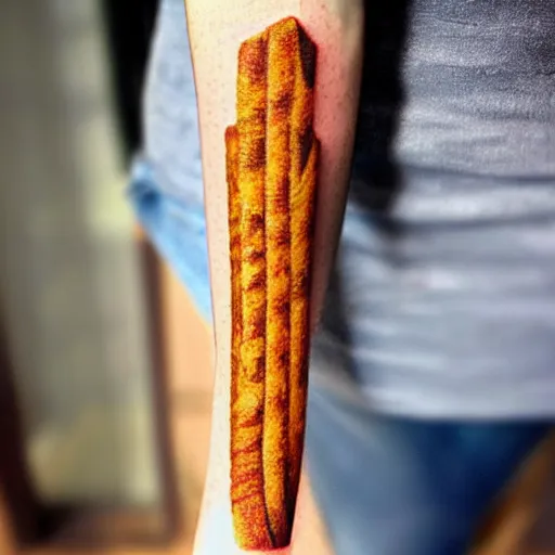Prompt: a tattoo of a single churro stick