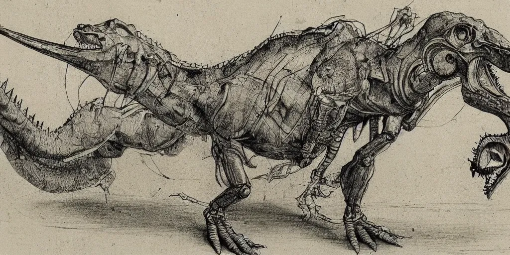 Image similar to leonardo da vinci's technical sketch of a robotic dinosaur, highly detailed