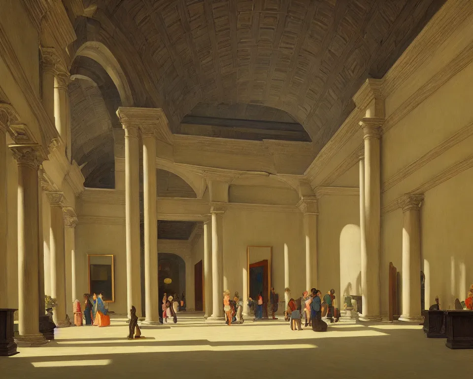 Prompt: an achingly beautiful print of the cavernous interior of an art museum with vibrant paintings lining the walls, potted plants, and classical antiquities by Raphael, Hopper, and Rene Magritte. detailed, romantic, enchanting, trending on artstation.