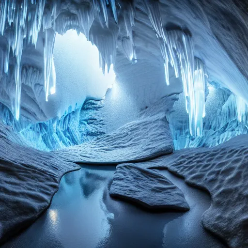 Image similar to light is mine to travel,beyond time ,the cathedrals in a underground vast ice cave canyon grotto of life the beginning , geological strata,ground mist, falling water,deep clear pools of water,reflection,refraction, hyper-maximalist,micro details, 3d sculpture,,digital rendering,octane render , 4k, artstation, concept art ,amazing lighting, f42,deep depth of field,photographic, wide angle,cinematic lighting
