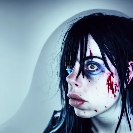 Image similar to Adult Billie Eilish as a demon in heaven, blood flowing from eyes, grungy, unkept hair, glowing eyes, modelsociety, radiant skin, huge anime eyes, RTX on, bright on black, dramatic, studio lighting, perfect face, intricate, Sony a7R IV, symmetric balance, polarizing filter, Photolab, Lightroom, 4K, Dolby Vision, Photography Award