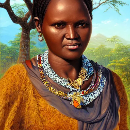 Image similar to portrait of a tanzanian woman ( 3 5 ) from tanzania, an oil painting by ross tran and thomas kincade