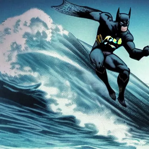 Prompt: a photo of Batman surfing on top of a tsunami, realistic