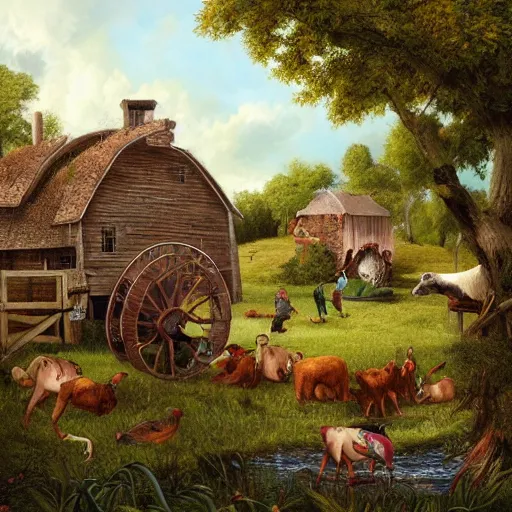 Image similar to folk art, farmhouse with a waterwheel by a creek, farm animals and children playing in the yard, lowbrow, matte painting, 3 - d highly detailed, style of greg simkins