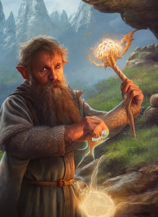 Image similar to a highly detailed airbrush painting of a mage hobbit, trending on artstation, unreal 5, daz, hyperrealistic, octane render, dungeons and dragons, dynamic lighting