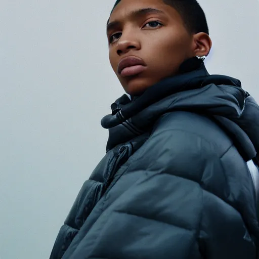 Image similar to realistic! photoshoot for a new balenciaga lookbook, color film photography, portrait of a beautiful woman wearing a puffer jacket, photo in style of tyler mitchell, 35mm