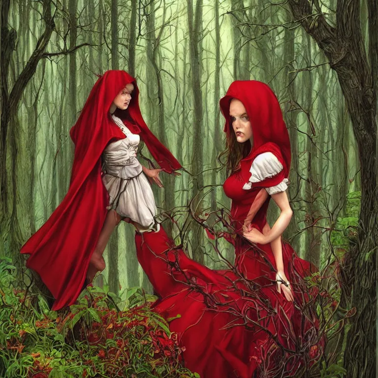 Prompt: realistic detailed beautiful portrait of little red riding hood, with a dark forest background by Todd Lockwood, Art Nouveau, trending on Artstation, rich deep vibrant colors