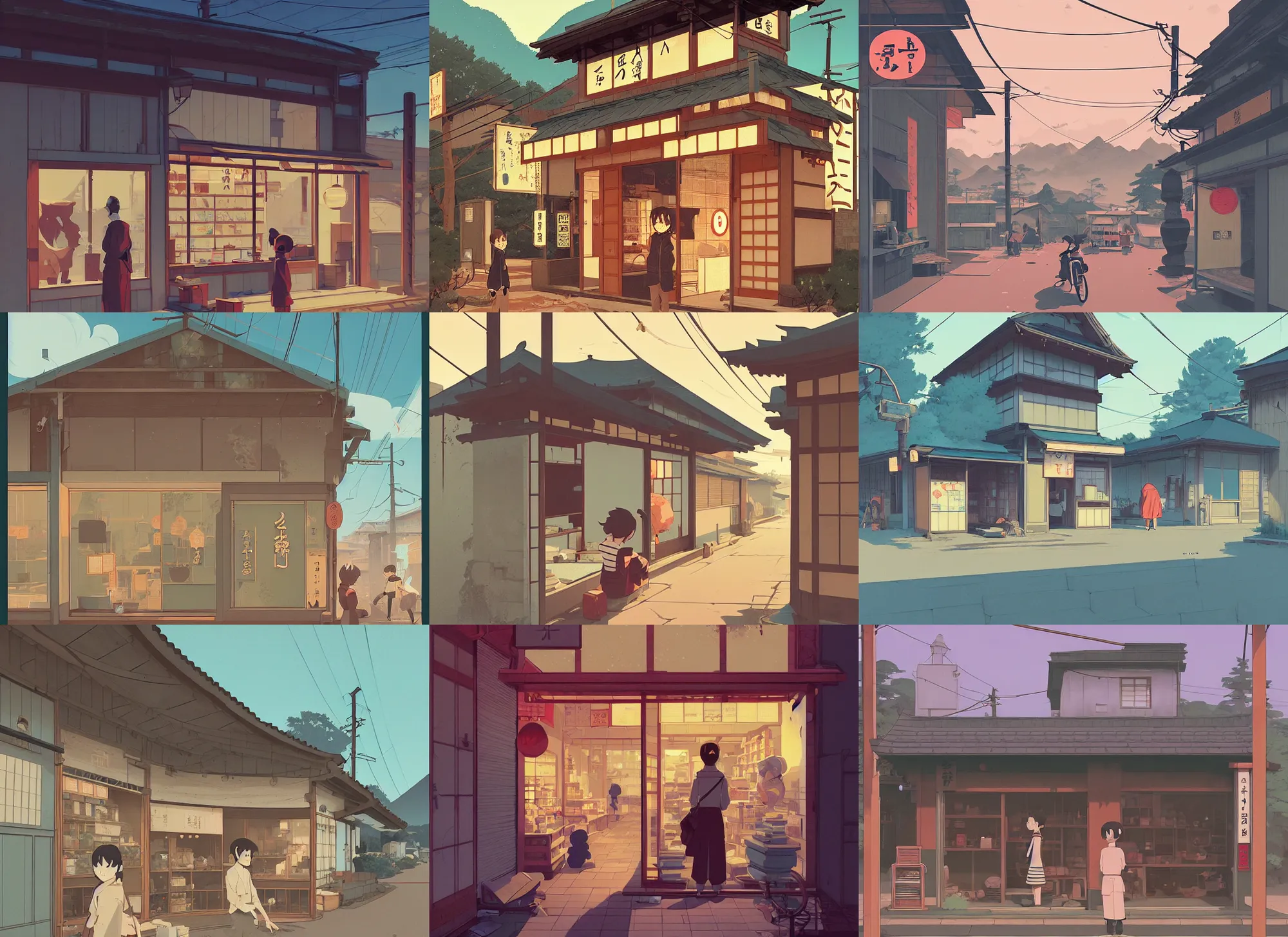 Prompt: rural japan storefront, by cory loftis, atey ghailan, makoto shinkai, hasui kawase, james gilleard, beautiful