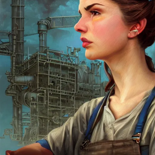 Prompt: A portrait of Rosie the Riveter, industrial setting, final fantasy, intricate digital painting, cinematic lighting, highly detailed, artstation, concept art, illustration, smooth, sharp focus, painting by Craig Mullins, artgerm , greg rutkowski, alphonse mucha, editor's pickup, trending on artstation, trending on deviantart, WLOP, 8k